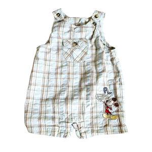 Vintage Early 2000 Disney Overalls 6-9M Blue Brown Plaid Mickey Mouse Romper